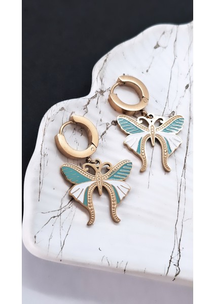 Mavi Beyaz Mineli Kelebek Çelik Küpe modelleri