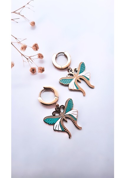 Mavi Beyaz Mineli Kelebek Çelik Küpe indirimleri