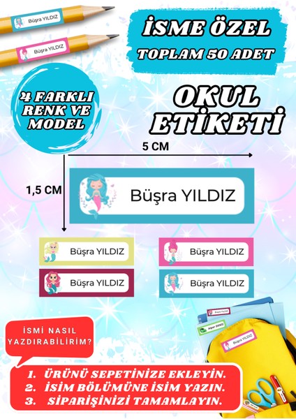Deniz Kızı Temalı Okul Etiketi Defter Kalem Kitap Sticker Etiket (5x1,5 Cm) 50 Adet -20-