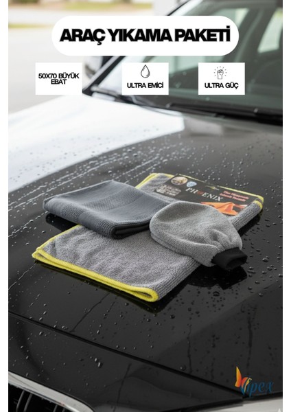 Araç Yıkama Paketi (1 Adet Eldiven-1 Adet 50X70 Tank Bezi-1 Adet 40X60 Prizma Bez)