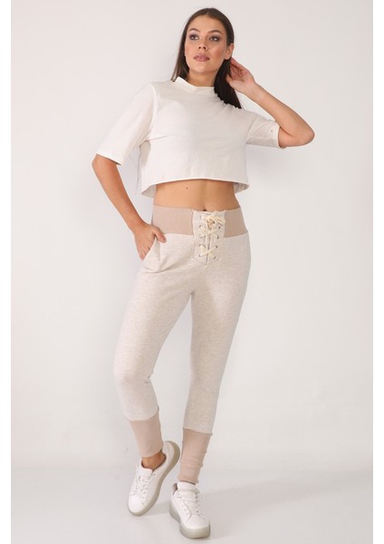 Önü Bağcıklı Dar Paça Vizon Renk Eşofman Altı