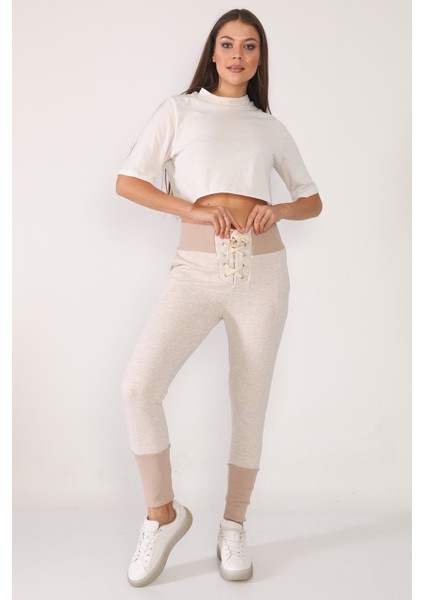 Önü Bağcıklı Dar Paça Vizon Renk Eşofman Altı fiyatları