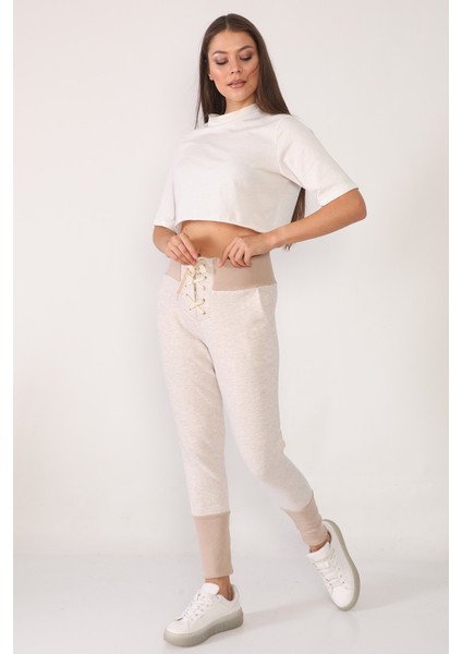 Önü Bağcıklı Dar Paça Vizon Renk Eşofman Altı fırsatları