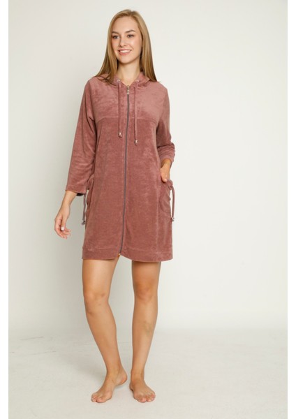 Kapüşonlu Uzun Kollu Cepli Fermuarlı Pamuklu Kadife Elbise modelleri