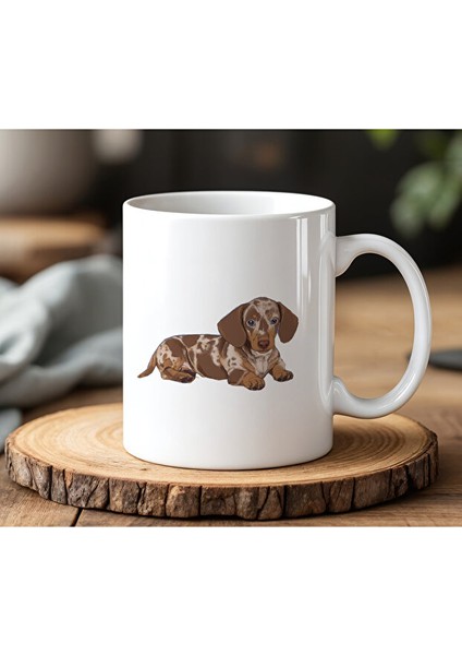 Oturan Köpek Tasarımlı Beyaz Seramik Baskılı Kupa Bardak