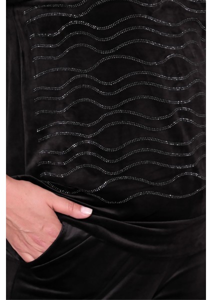 Kadın Büyük Beden Kadife Doğal Taş Görünümlü Siyah Eşofman Takımı fiyatları