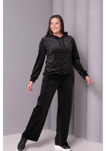 Kadın Büyük Beden Kadife Doğal Taş Görünümlü Siyah Eşofman Takımı modelleri