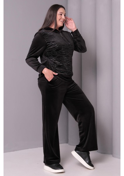 Kadın Büyük Beden Kadife Doğal Taş Görünümlü Siyah Eşofman Takımı indirimleri