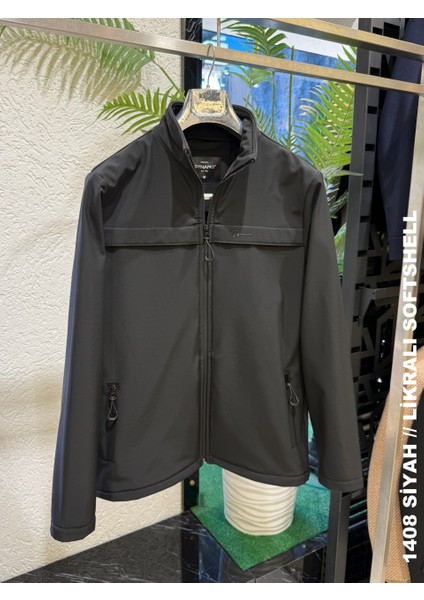 Erkek Dik Yaka Su Itici Likralı Softshell Kumaş Büyük Beden Mont