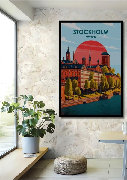 Çerçeve Görünümlü Stockholm Manzarası Dekoratif Ahşap Mdf Ev Duvar Tablo Dikdörtgen Ev Duvar Tablo