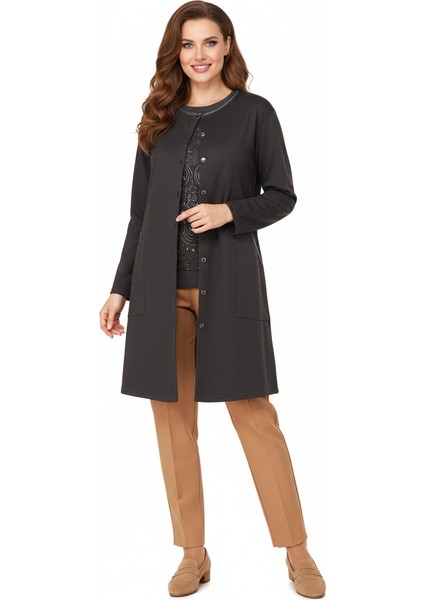 Kadın Kışlık Anne Uzun Hırka Ecrin Örme Önü Düğmeli Cepli Likralı Bisiklet Yaka Göl Model