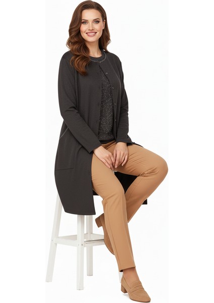 Kadın Kışlık Anne Uzun Hırka Ecrin Örme Önü Düğmeli Cepli Likralı Bisiklet Yaka Göl Model modelleri