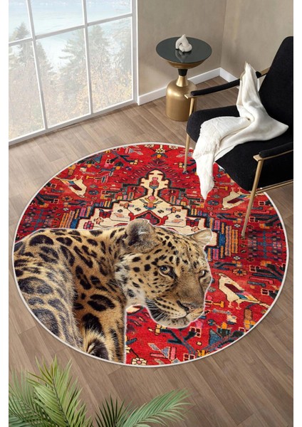 Bordo Etnik Desenli Leopar Figürlü Yıkanabilir Kaymaz Yuvarlak Halı