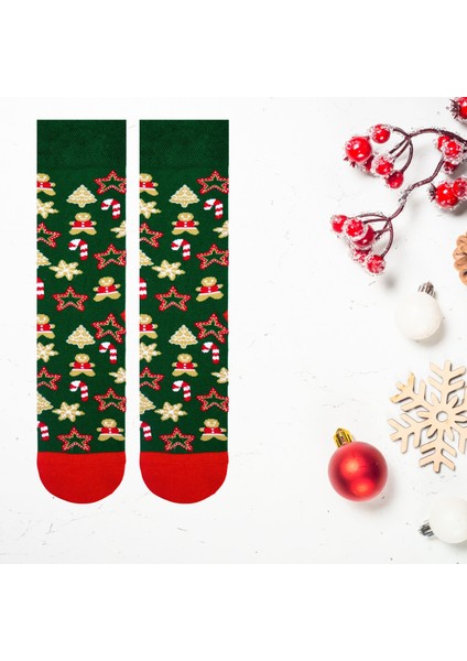 Yılbaşı Cookie ve Kurabiye Desenli Yeşil Renkli Christmas Soket Çorabı