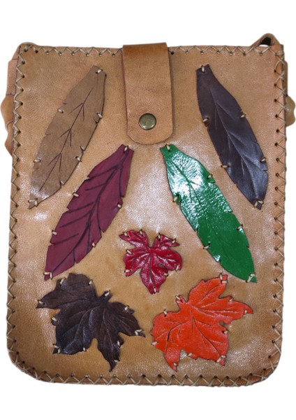 El Yapımı Hakiki Deri Yaprak ve Çiçek Desenli Kadın Çaapraz Çanta - El Boyaması Çok Renkli Vintage Tarz Bohem Omuz Çantası