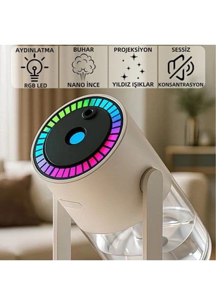 Rgb Işıklı Hava Nemlendirici – Buhar Makinesi | Döner Açılı Ultra Ince Sprey | USB Çalışma | Sessiz