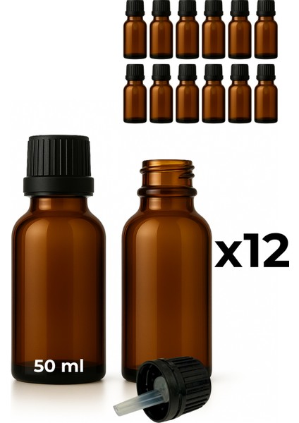 12’li 50 ml Amber Cam Serum Şişesi + Siyah Içten Damlalıklı Kapak