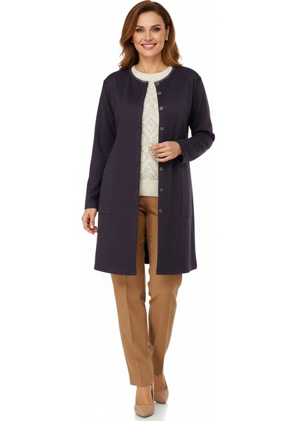 Kadın Kışlık Anne Uzun Hırka Ecrin Örme Önü Düğmeli Cepli Likralı Bisiklet Yaka Göl Model