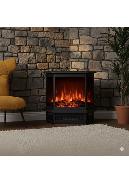Dekoratif Siyah 3 Taraflı Elektrikli Şömine 1850 W