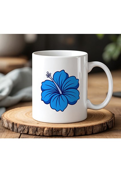 Turkuaz Çiçek Tasarımlı Beyaz Seramik Baskılı Kupa Bardak