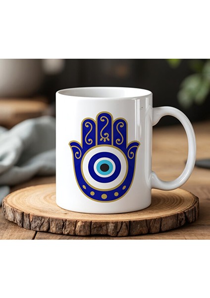 Nazar Boncuğu Tasarımlı Beyaz Seramik Baskılı Kupa Bardak