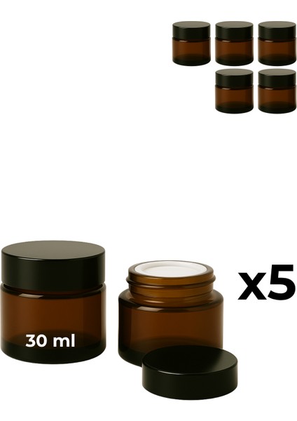 5’li 30 ml Amber Cam Krem Kavanozu + Siyah Kapak