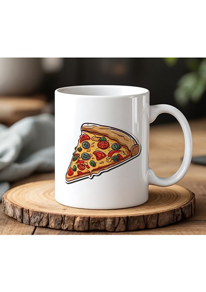 Pizza Dilimi Tasarımlı Beyaz Seramik Baskılı Kupa Bardak