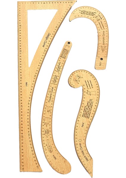 Kayın Renk Fransız 7 Parça Modelist Kalıp Çizim Seti – Gönye & Pistole / Pantolon, Ceket, Etek, Yaka modelleri