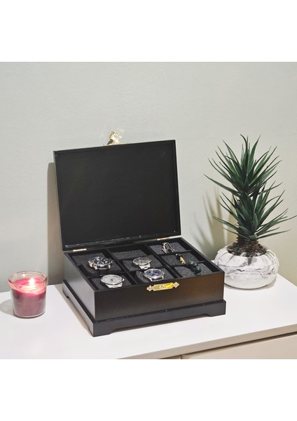 Ahşap 9 Bölmeli Saat Kutusu Dekoratif Siyah Saat Aksesuar Saklama Kutusu Organizer