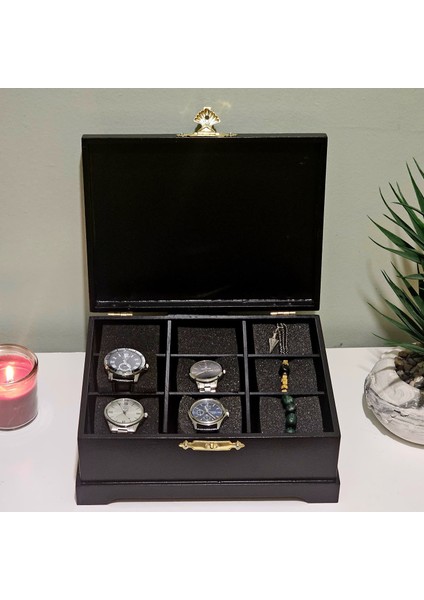 Ahşap 9 Bölmeli Saat Kutusu Dekoratif Siyah Saat Aksesuar Saklama Kutusu Organizer fiyatları