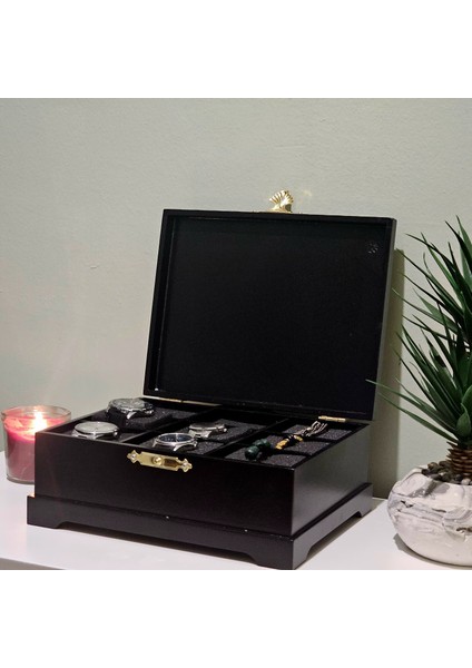Ahşap 9 Bölmeli Saat Kutusu Dekoratif Siyah Saat Aksesuar Saklama Kutusu Organizer fırsatları