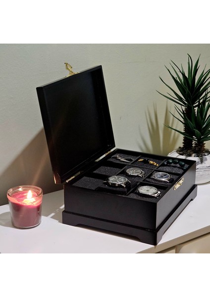 Ahşap 9 Bölmeli Saat Kutusu Dekoratif Siyah Saat Aksesuar Saklama Kutusu Organizer indirimleri