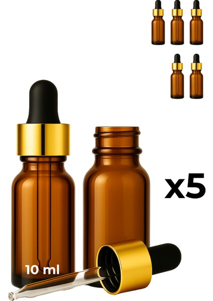 5’li 10 ml Amber Cam Serum Şişesi + Gold (Altın) Metal Kapaklı Siyah Uçlu Damlalık