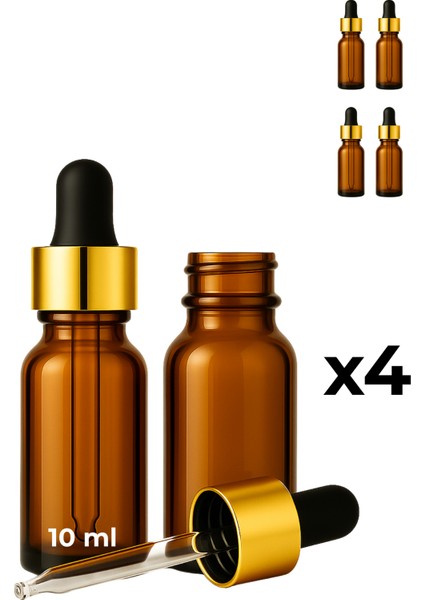 4’lü 10 ml Amber Cam Serum Şişesi + Gold (Altın) Metal Kapaklı Siyah Uçlu Damlalık