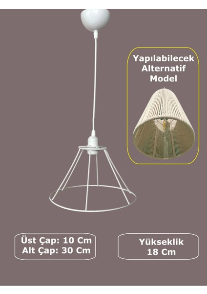 Konik Avize Teli , Iskeleti (Uzun Boy 30X18 Cm) Beyaz Statik Boyalı (Duy Takımı Dahil)