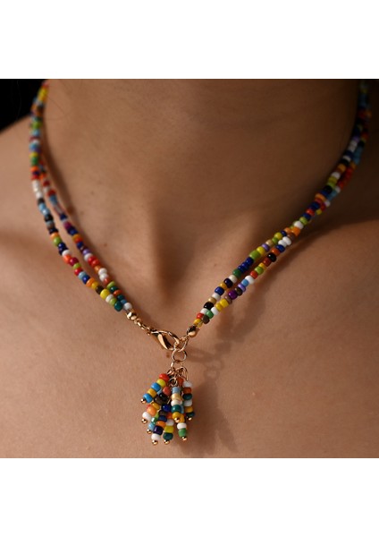 Çift Katmanlı Küçük Cam Boncuklu Püsküllü Kolye