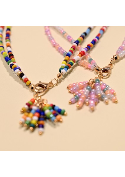 Çift Katmanlı Küçük Cam Boncuklu Püsküllü Kolye modelleri