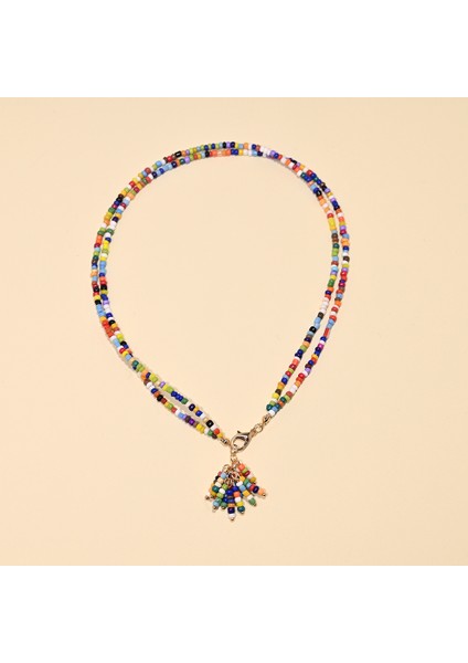 Çift Katmanlı Küçük Cam Boncuklu Püsküllü Kolye indirimleri