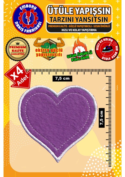 Ütü ile Yapışan Arma Yama, Mor Kalp (4 Adet) Ütüyle Yapışan Nakış Dokuma Aplike Patch