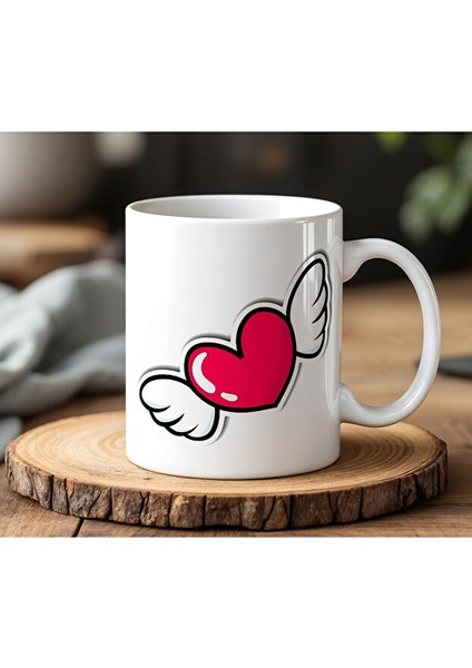 Kalp Tasarımlı Beyaz Seramik Baskılı Kupa Bardak