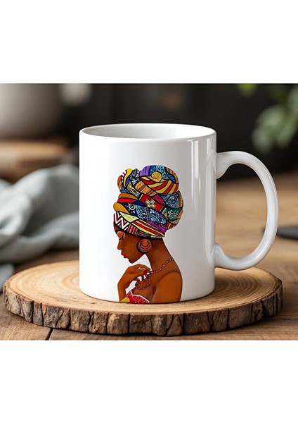 Afro Kadın Tasarımlı Beyaz Seramik Baskılı Kupa Bardak