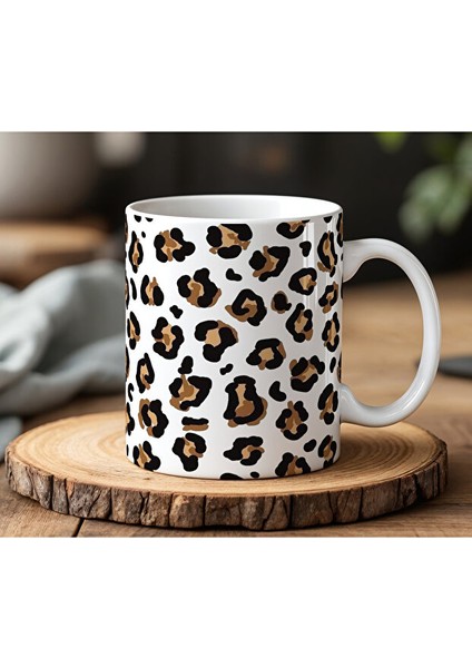 Leopar Tasarımlı Beyaz Seramik Baskılı Kupa Bardak