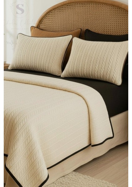 Siyah-Krem Örgü Desen Çift Kişilik Nevresim Takımı (Pike Tkm)