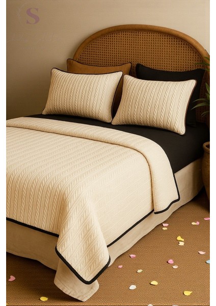 Siyah-Krem Örgü Desen Çift Kişilik Nevresim Takımı (Pike Tkm) fiyatları