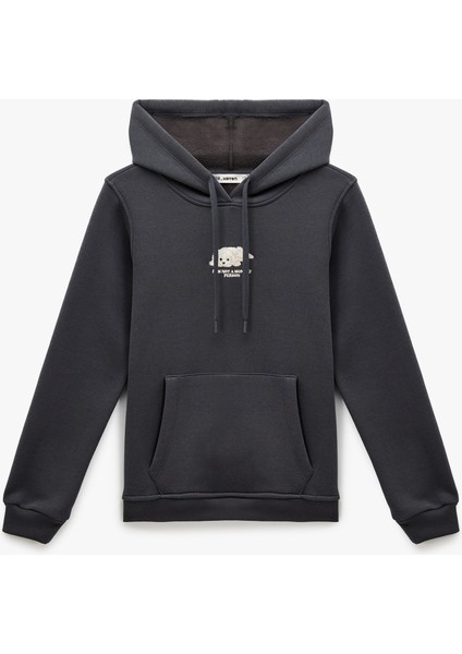 Şardonlu Uzun Kollu Cepli Köpek Nakış Detaylı Kapüşonlu Sweatshirt