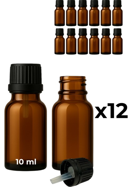 12’li 10 ml Amber Cam Serum Şişesi + Siyah Içten Damlalıklı Kapak