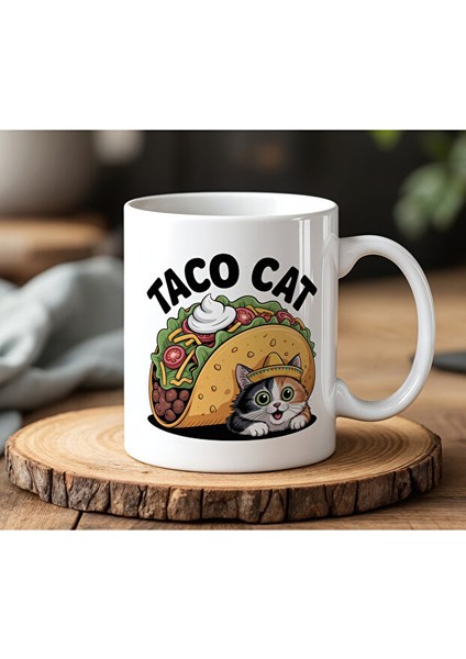Taco Cat Tasarımlı Beyaz Seramik Baskılı Kupa Bardak