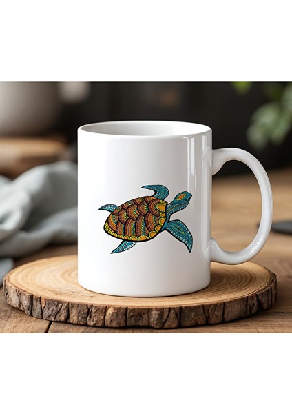 Deniz Kaplumbağası Tasarımlı Beyaz Seramik Baskılı Kupa Bardak
