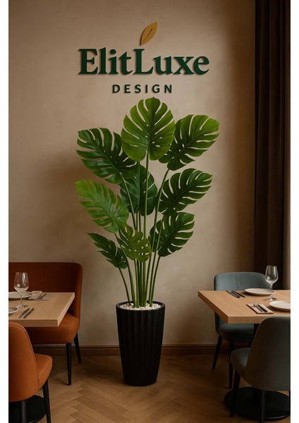 Elitluxe Design Büyük Boy Yapay Monstera Bitkisi – 170 cm – Siyah Çizgili Lüx Saksı – Beyaz Dekoratif Taşlı – Premium Kalite Yapay Salon Bitkisi