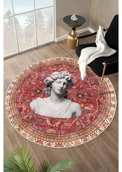 Bordo Kilim Antik Büst Desenli Kaymaz Taban Yıkanabilir Yuvarlak Halı